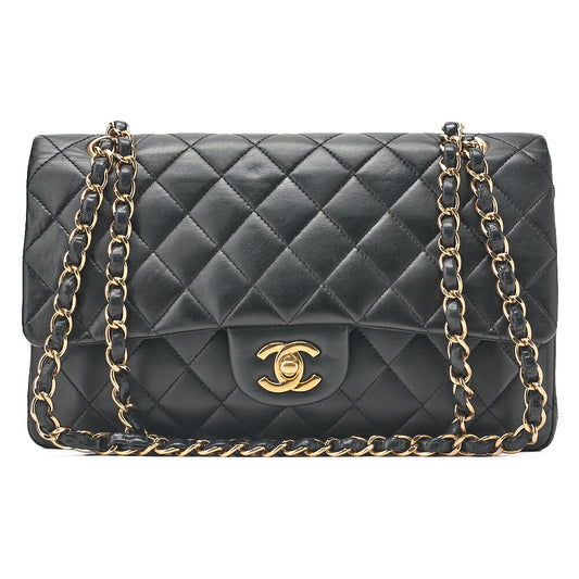 CHANEL Chain Shoulder Bag Matelasse Double Flap 25cm Lambskin Black Gold-Tone Hardware, Pre-Owned