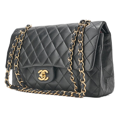 CHANEL Chain Shoulder Bag Matelasse Double Flap 25cm Lambskin Black Gold-Tone Hardware, Pre-Owned