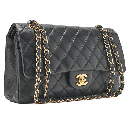 CHANEL Chain Shoulder Bag Matelasse Double Flap 25cm Lambskin Black Gold-Tone Hardware, Pre-Owned