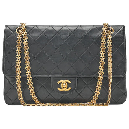 CHANEL Lambskin Matelasse Straight Flap Tang Lock Double Flap Chain Shoulder Bag Black Gold-Tone Hardware, Pre-Owned