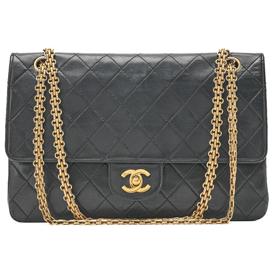 CHANEL Lambskin Matelasse Straight Flap Tang Lock Double Flap Chain Shoulder Bag Black Gold-Tone Hardware, Pre-Owned