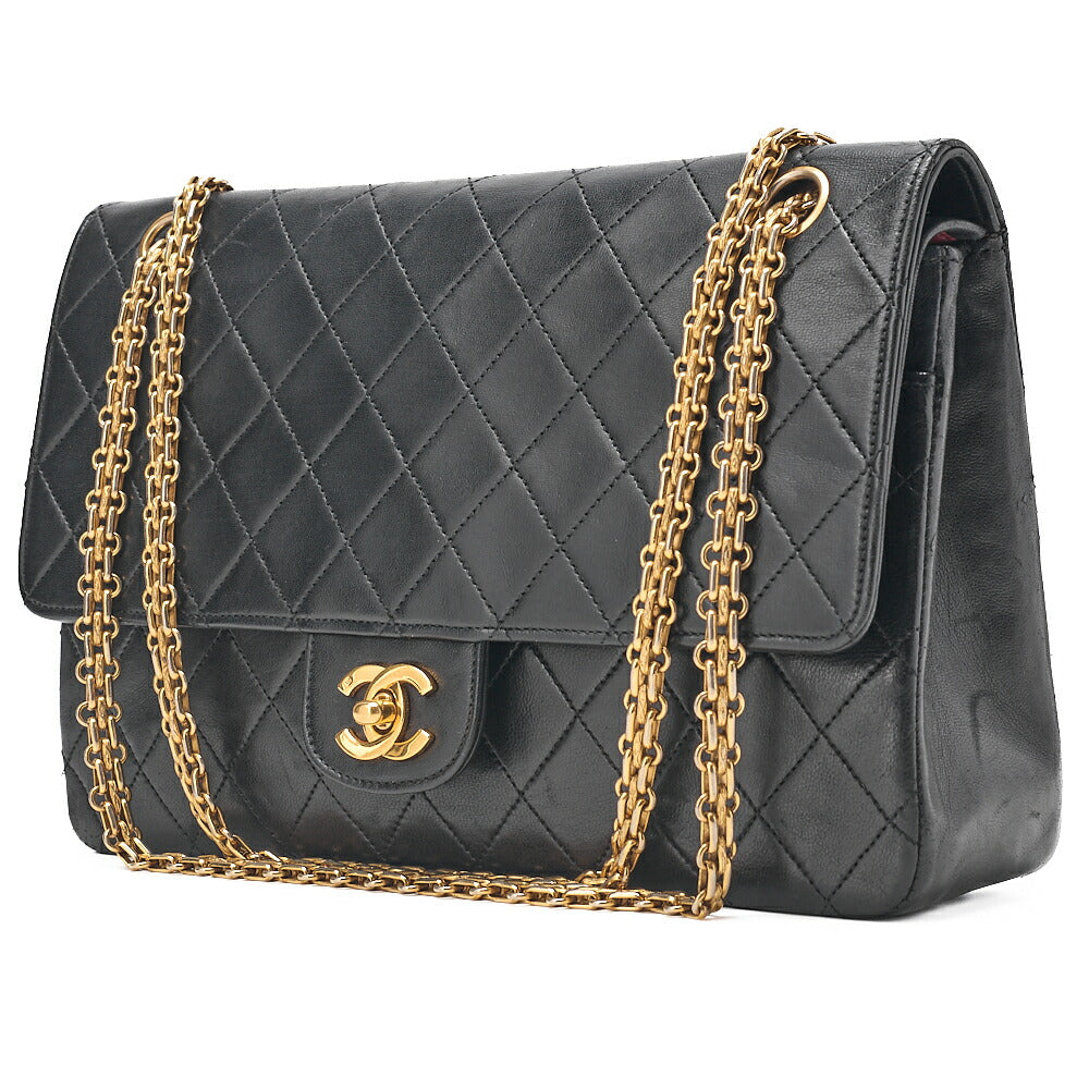 CHANEL Lambskin Matelasse Straight Flap Tang Lock Double Flap Chain Shoulder Bag Black Gold-Tone Hardware, Pre-Owned