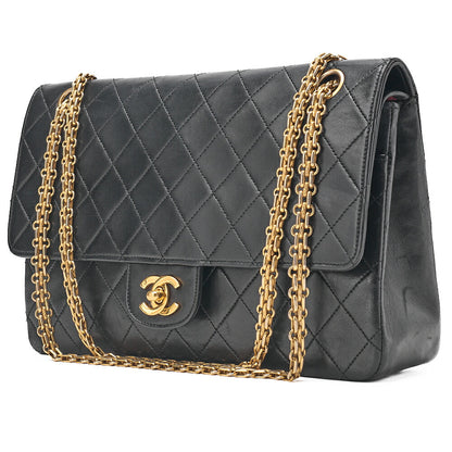CHANEL Lambskin Matelasse Straight Flap Tang Lock Double Flap Chain Shoulder Bag Black Gold-Tone Hardware, Pre-Owned
