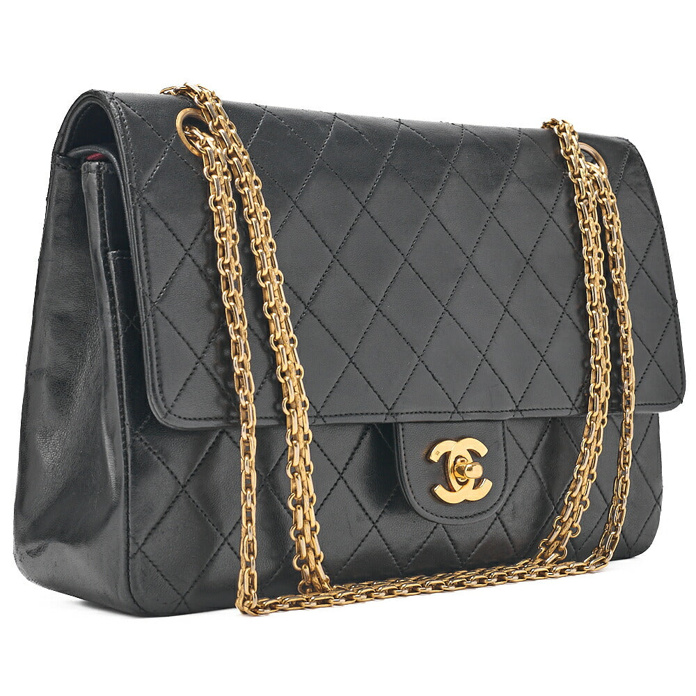 CHANEL Lambskin Matelasse Straight Flap Tang Lock Double Flap Chain Shoulder Bag Black Gold-Tone Hardware, Pre-Owned