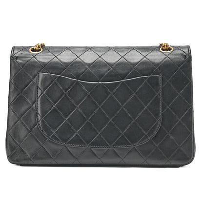 CHANEL Lambskin Matelasse Straight Flap Tang Lock Double Flap Chain Shoulder Bag Black Gold-Tone Hardware, Pre-Owned