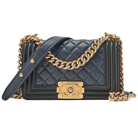 CHANEL Lambskin Matelasse Boy Chanel 20 Chain Shoulder Navy x Black Gold-Tone Hardware, Pre-Owned