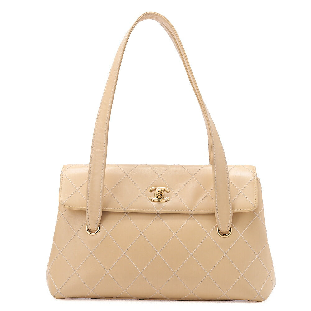 CHANEL Coco Mark Wild Stitch Flap Tote Bag Calf Leather Beige Gold-Tone Hardware, Pre-Owned