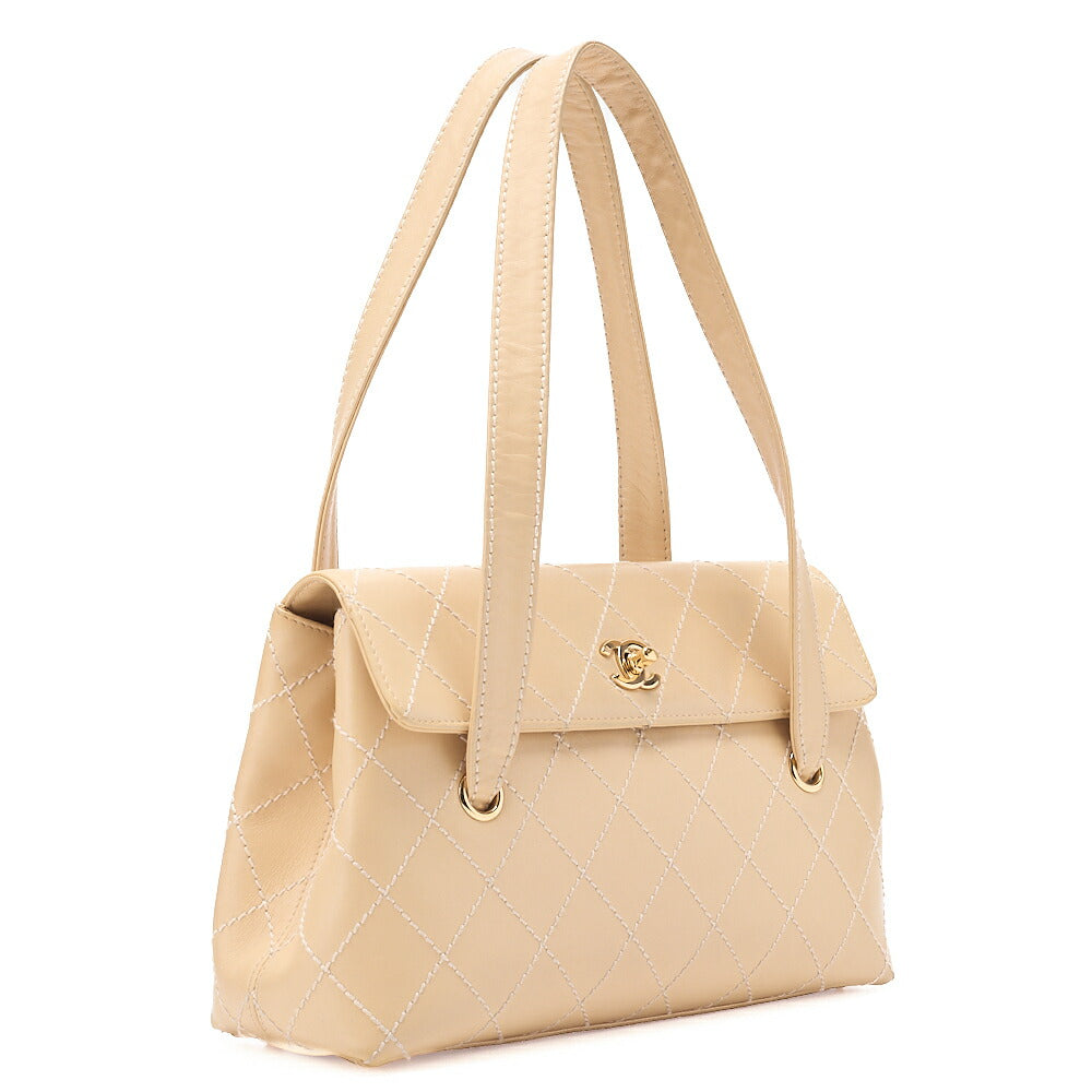 CHANEL Coco Mark Wild Stitch Flap Tote Bag Calf Leather Beige Gold-Tone Hardware, Pre-Owned