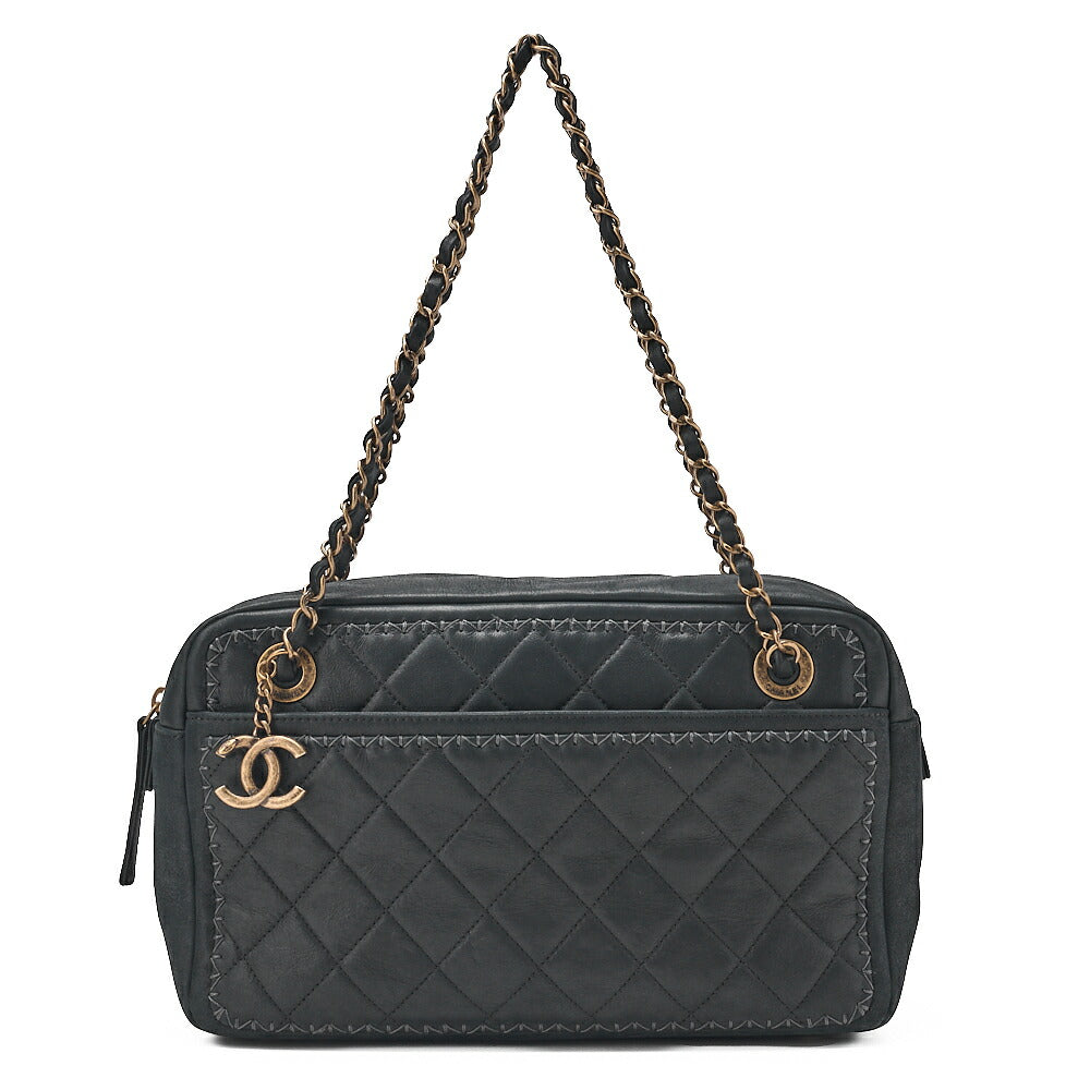 CHANEL Sparkle Leather Matelasse with Coco Charm Double Chain Shoulder Black Gold-Tone Hardware, Pre-Owned
