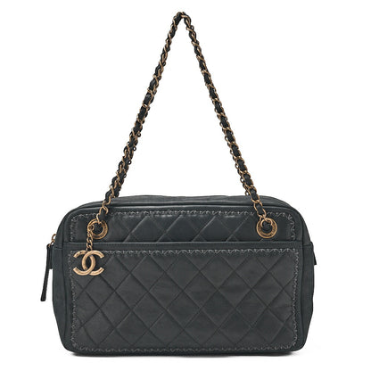 CHANEL Sparkle Leather Matelasse with Coco Charm Double Chain Shoulder Black Gold-Tone Hardware, Pre-Owned