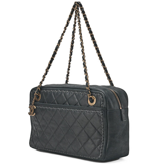CHANEL Sparkle Leather Matelasse with Coco Charm Double Chain Shoulder Black Gold-Tone Hardware, Pre-Owned
