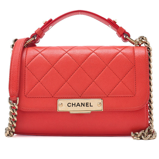 CHANEL Chanel Matelasse Logo Plate 2-Way Chain Shoulder Calfskin Red Gold-Tone Hardware, Pre-Owned