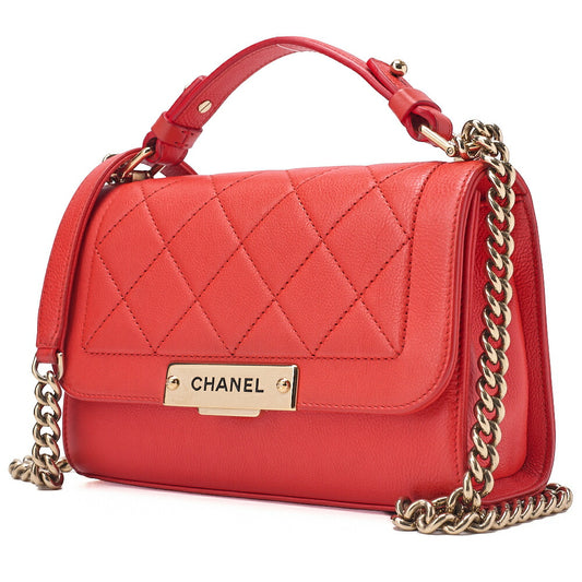 CHANEL Chanel Matelasse Logo Plate 2-Way Chain Shoulder Calfskin Red Gold-Tone Hardware, Pre-Owned