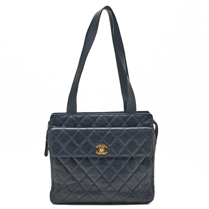 CHANEL Chanel Caviar Skin Matelasse Turn Lock Tote Bag Navy Gold-Tone Hardware, Pre-Owned