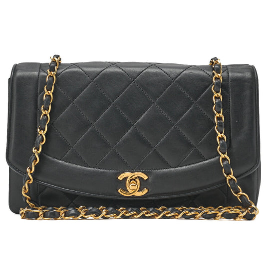 CHANEL Matelasse Diana Flap 25cm Chain Shoulder Lambskin Black Gold-Tone Hardware, Pre-Owned