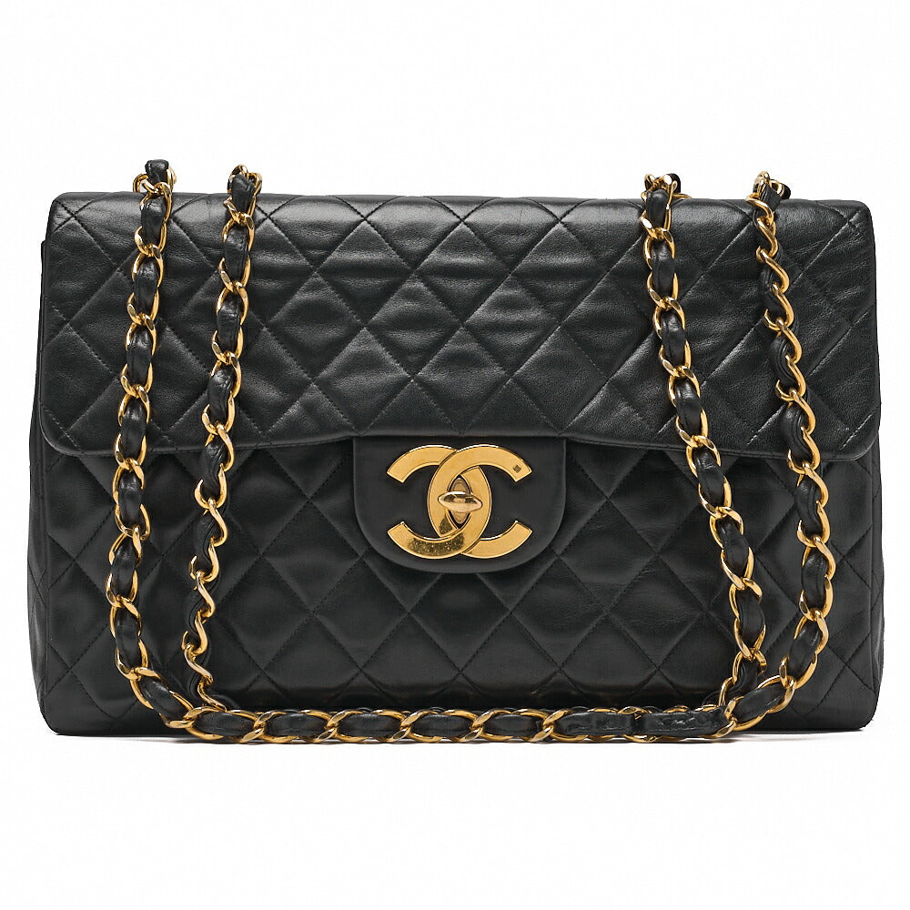 CHANEL Chain Shoulder Bag Deka Matelasse 34cm Single Flap Lambskin Black Gold-Tone Hardware, Pre-Owned