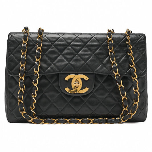 CHANEL Chain Shoulder Bag Deka Matelasse 34cm Single Flap Lambskin Black Gold-Tone Hardware, Pre-Owned