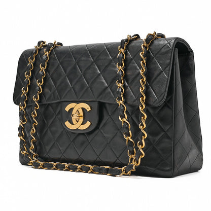 CHANEL Chain Shoulder Bag Deka Matelasse 34cm Single Flap Lambskin Black Gold-Tone Hardware, Pre-Owned