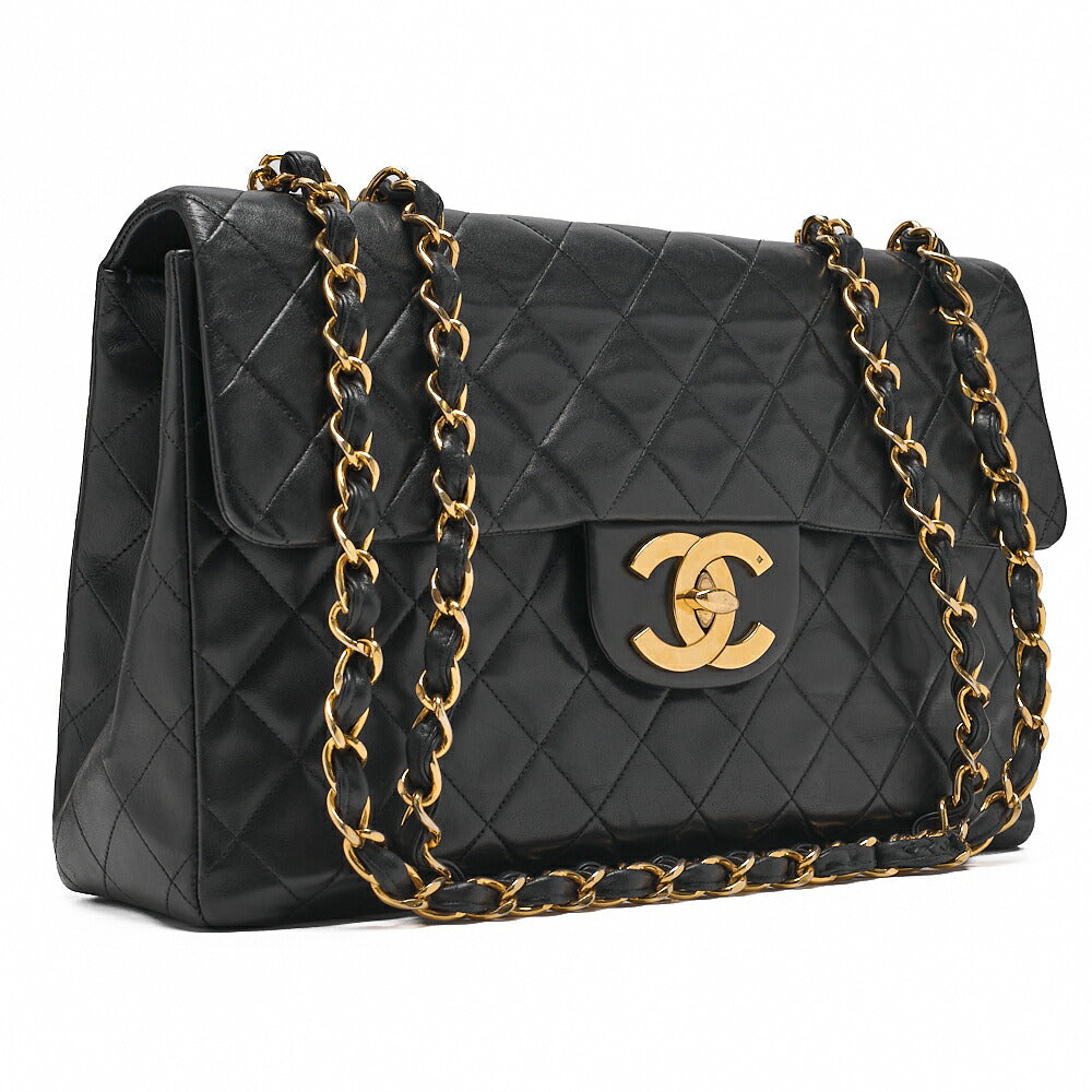 CHANEL Chain Shoulder Bag Deka Matelasse 34cm Single Flap Lambskin Black Gold-Tone Hardware, Pre-Owned