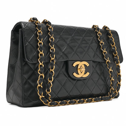 CHANEL Chain Shoulder Bag Deka Matelasse 34cm Single Flap Lambskin Black Gold-Tone Hardware, Pre-Owned