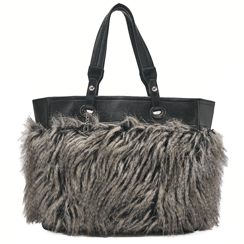 CHANEL Paris Biarritz Fantasy Fur Coco Charm Tote Bag Black Silver-Tone Hardware, Pre-Owned
