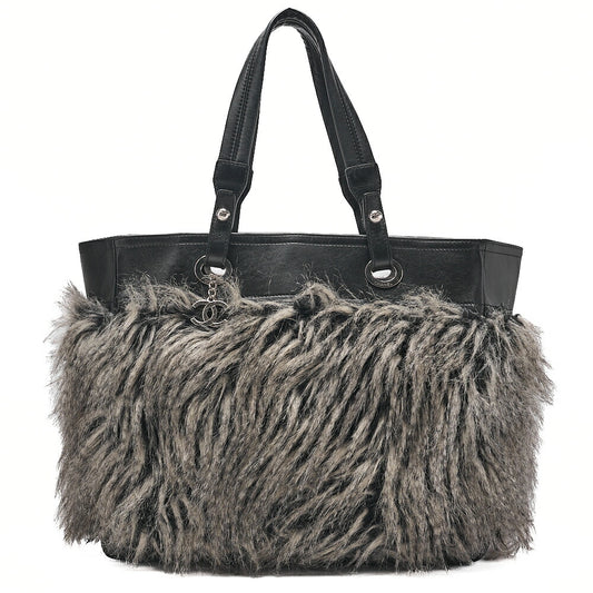 CHANEL Paris Biarritz Fantasy Fur Coco Charm Tote Bag Black Silver-Tone Hardware, Pre-Owned