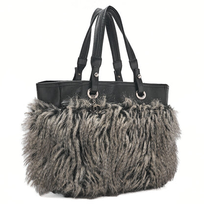 CHANEL Paris Biarritz Fantasy Fur Coco Charm Tote Bag Black Silver-Tone Hardware, Pre-Owned