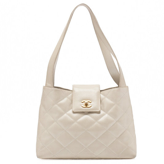 CHANEL Tote Bag Matelasse Turn Rock Bicolore Caviar Skin Ivory Gold-Tone Hardware, Pre-Owned