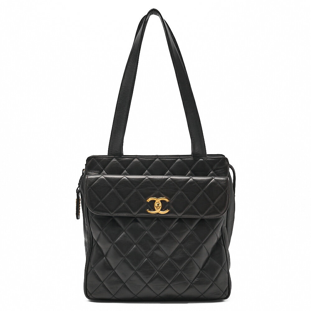 CHANEL Lambskin Matelasse Turn Lock Logo Charm Tote Bag Black Gold-Tone Hardware, Pre-Owned