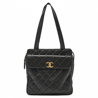 CHANEL Lambskin Matelasse Turn Lock Logo Charm Tote Bag Black Gold-Tone Hardware, Pre-Owned