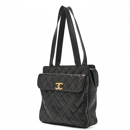 CHANEL Lambskin Matelasse Turn Lock Logo Charm Tote Bag Black Gold-Tone Hardware, Pre-Owned