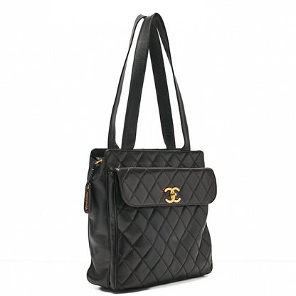 CHANEL Lambskin Matelasse Turn Lock Logo Charm Tote Bag Black Gold-Tone Hardware, Pre-Owned
