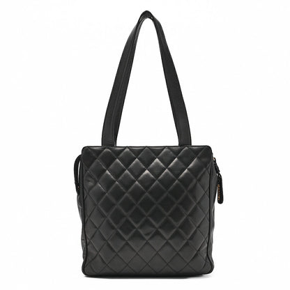 CHANEL Lambskin Matelasse Turn Lock Logo Charm Tote Bag Black Gold-Tone Hardware, Pre-Owned
