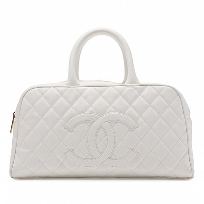 CHANEL Handbag Boston Bag Caviar Skin Matelasse Coco Mark White Gold-Tone Hardware, Pre-Owned