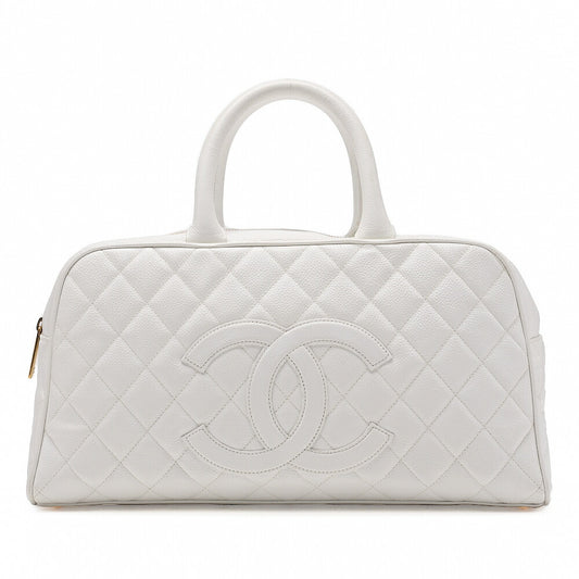CHANEL Handbag Boston Bag Caviar Skin Matelasse Coco Mark White Gold-Tone Hardware, Pre-Owned