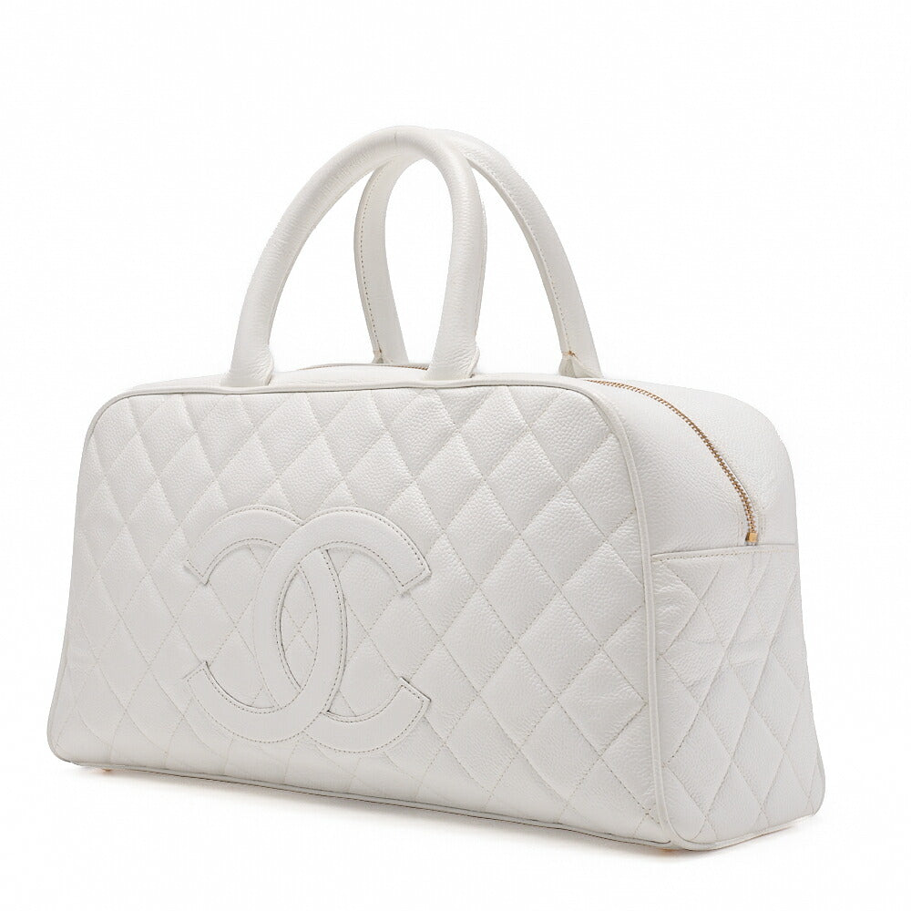 CHANEL Handbag Boston Bag Caviar Skin Matelasse Coco Mark White Gold-Tone Hardware, Pre-Owned
