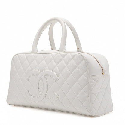 CHANEL Handbag Boston Bag Caviar Skin Matelasse Coco Mark White Gold-Tone Hardware, Pre-Owned