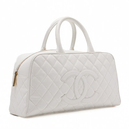 CHANEL Handbag Boston Bag Caviar Skin Matelasse Coco Mark White Gold-Tone Hardware, Pre-Owned