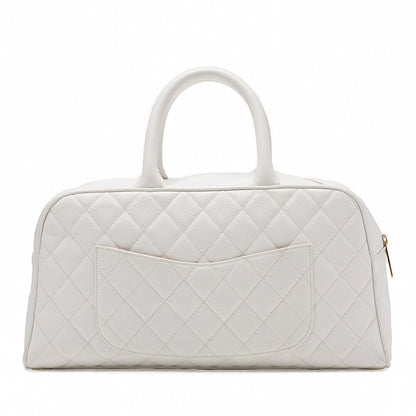 CHANEL Handbag Boston Bag Caviar Skin Matelasse Coco Mark White Gold-Tone Hardware, Pre-Owned