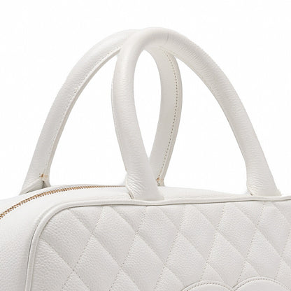 CHANEL Handbag Boston Bag Caviar Skin Matelasse Coco Mark White Gold-Tone Hardware, Pre-Owned