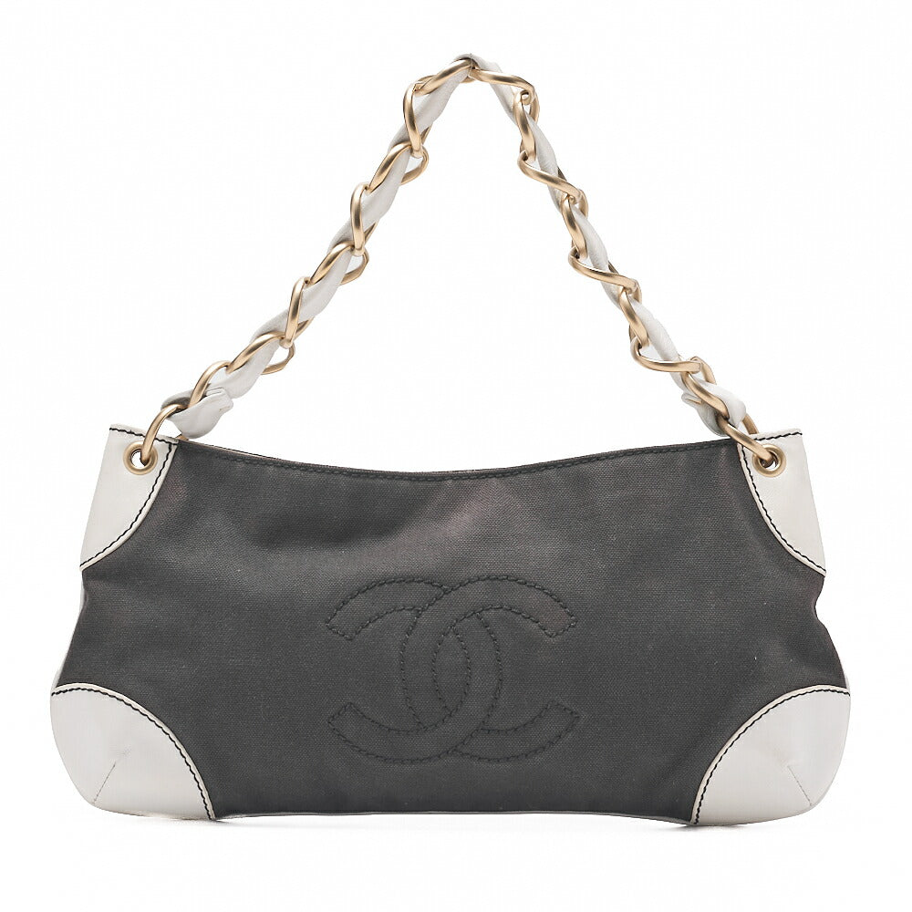 CHANEL Canvas x Lambskin Deka Coco Mark Chain Shoulder Black x White Gold-Tone Hardware, Pre-Owned