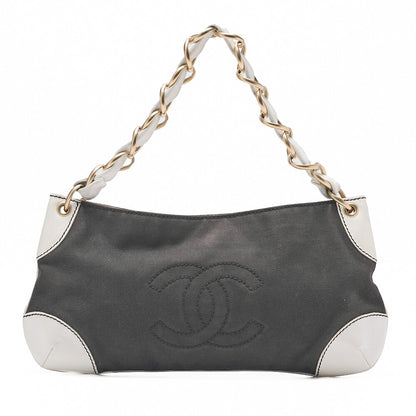 CHANEL Canvas x Lambskin Deka Coco Mark Chain Shoulder Black x White Gold-Tone Hardware, Pre-Owned