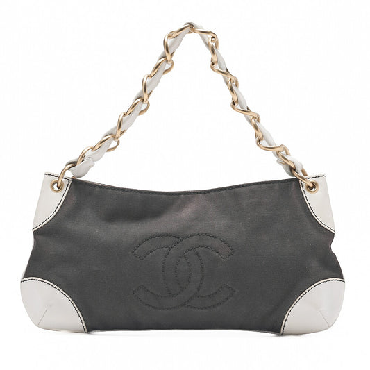 CHANEL Canvas x Lambskin Deka Coco Mark Chain Shoulder Black x White Gold-Tone Hardware, Pre-Owned