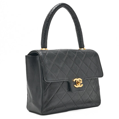 CHANEL Lambskin Matelasse Handbag Black Gold-Tone Hardware, Pre-Owned