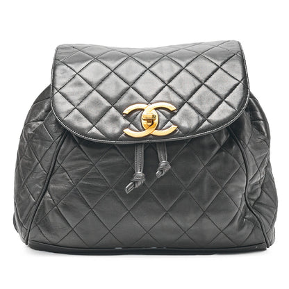 CHANEL Lambskin Coco Mark Chain Backpack Black Gold-Tone Hardware, Pre-Owned