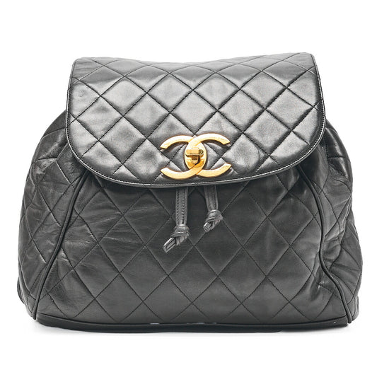 CHANEL Lambskin Coco Mark Chain Backpack Black Gold-Tone Hardware, Pre-Owned