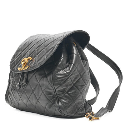 CHANEL Lambskin Coco Mark Chain Backpack Black Gold-Tone Hardware, Pre-Owned