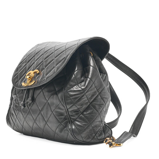 CHANEL Lambskin Coco Mark Chain Backpack Black Gold-Tone Hardware, Pre-Owned