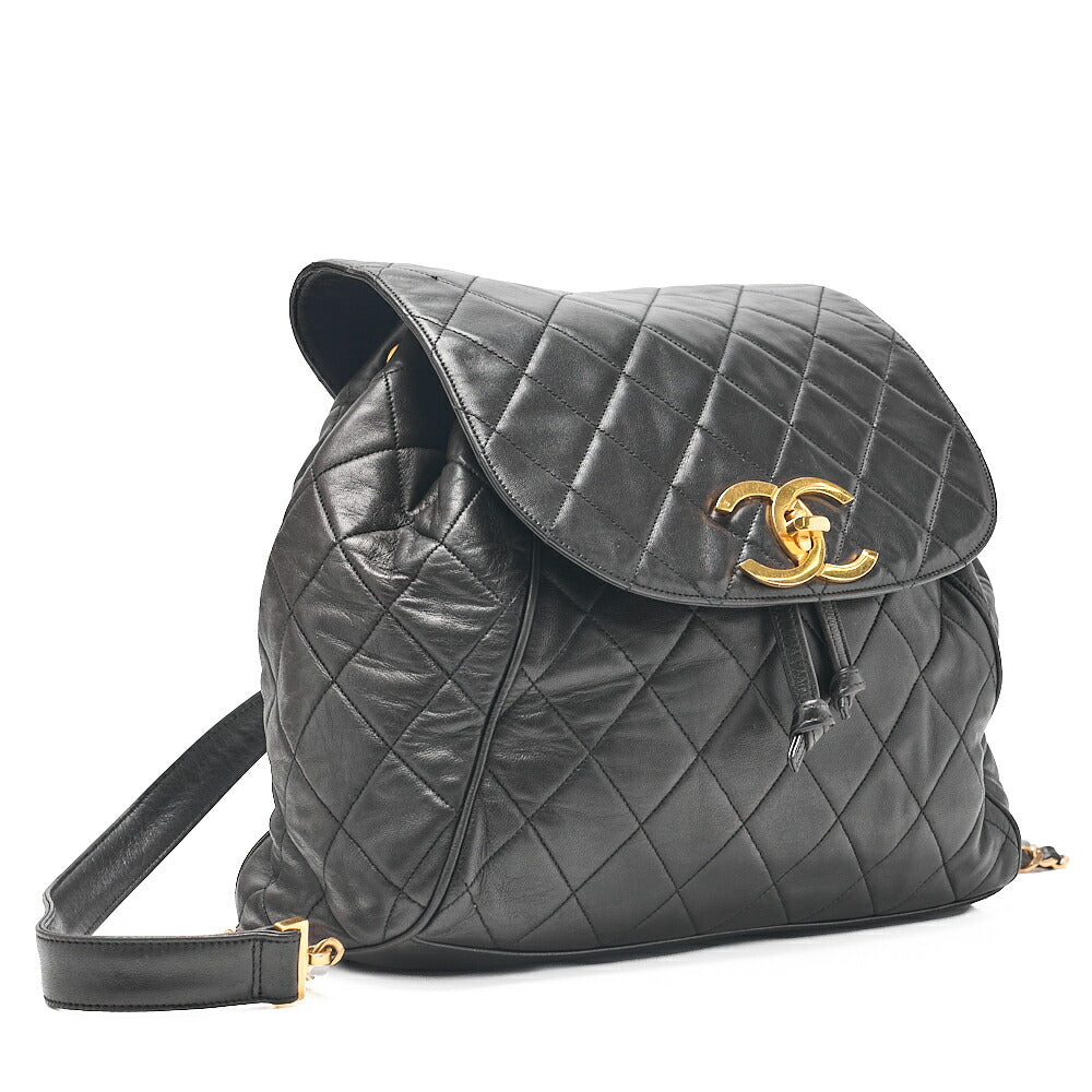 CHANEL Lambskin Coco Mark Chain Backpack Black Gold-Tone Hardware, Pre-Owned
