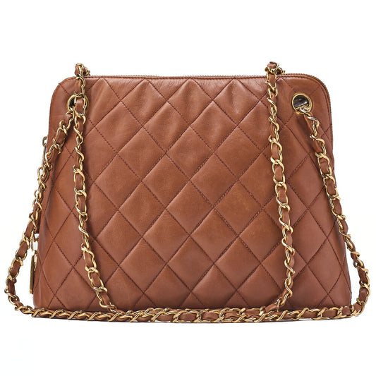 CHANEL Matelasse Plate Charm Chain Shoulder Lambskin Brown Gold-Tone Hardware, Pre-Owned